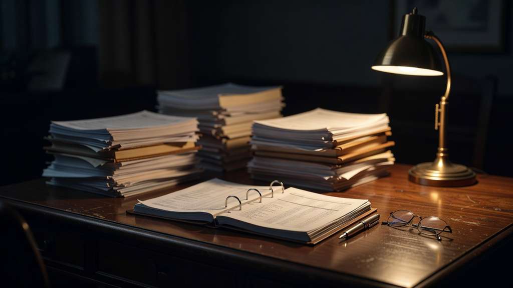 Stacks of bound federal budget reports and an open ring binder spread across a dark wooden desk lit by a single brass lamp at night.