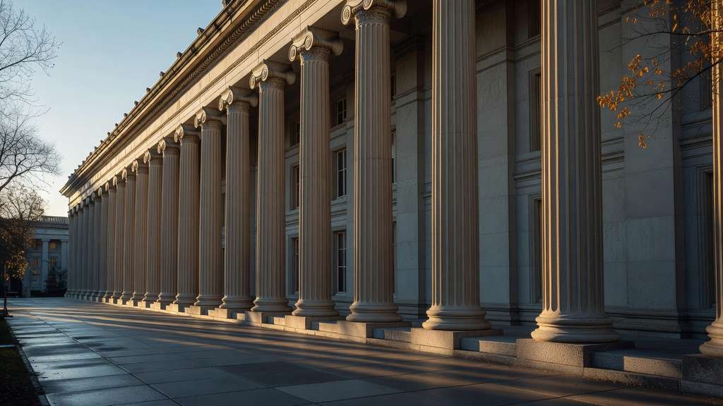 A long row of tall fluted stone columns along the colonnade of the United States Treasury building, lit by low golden morning sunlight casting hard shadows on the empty sidewalk.