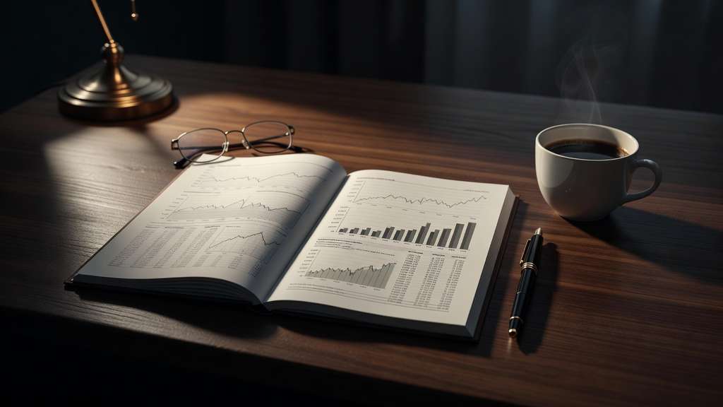 An open bond market report rests on a dark walnut desk under a brass lamp, with wire-rimmed reading glasses, a black fountain pen and a steaming cup of black coffee arranged around it.