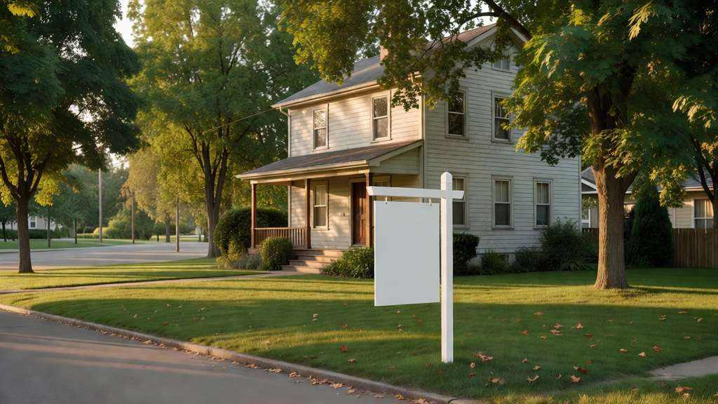 A two-story pale-sided suburban house with a covered porch stands behind a blank white real estate sign post on a maple-shaded lawn in late afternoon sunlight.