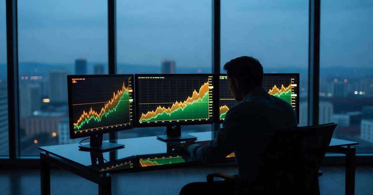A lone analyst in a high-rise office at dusk sits before three monitors showing steeply rising amber and green line charts, with city lights blurred through floor-to-ceiling windows behind him.