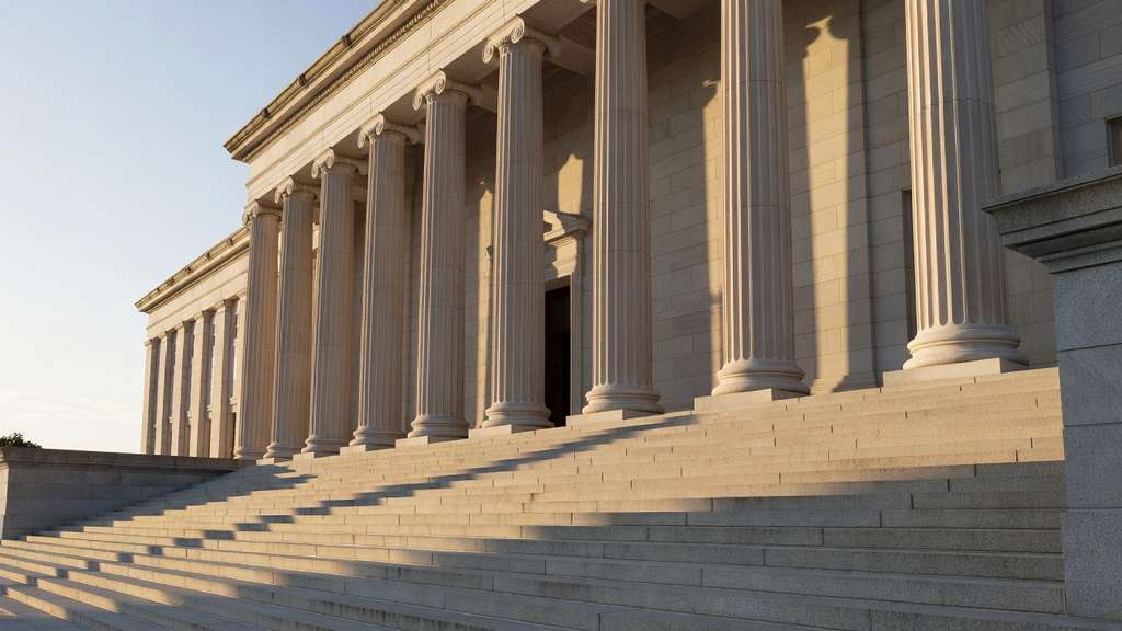 Stone facade of a neoclassical United States federal government building photographed from the base of its steps in low raking morning sunlight with tall fluted limestone columns casting long deep shadows across the colonnade and wide empty granite steps sweeping up toward a dark open doorway under a pale clear sky