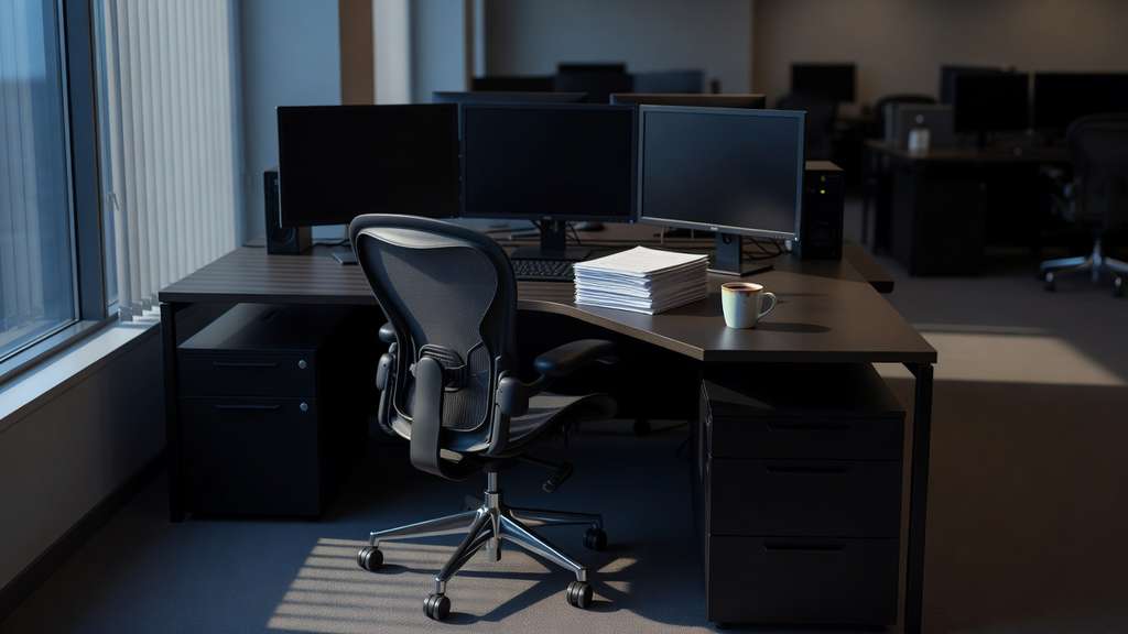 Empty ergonomic mesh office chair pushed back from a vacant bond dealer trading desk seen from behind at a low angle with three dark switched off monitors a neat stack of plain white paper and a cooling cup of coffee at the desk edge while cool blue late evening light falls through tall vertical window blinds across a deserted open plan office
