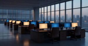 Wide view of a modern institutional bond trading floor at dawn with long rows of dark wood desks holding many blank glowing amber and deep blue screens, empty leather chairs pushed in, polished concrete floor reflecting the screen light, and tall floor to ceiling windows on the right showing soft grey morning light over a distant city skyline