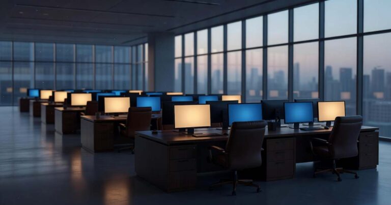 Wide view of a modern institutional bond trading floor at dawn with long rows of dark wood desks holding many blank glowing amber and deep blue screens, empty leather chairs pushed in, polished concrete floor reflecting the screen light, and tall floor to ceiling windows on the right showing soft grey morning light over a distant city skyline