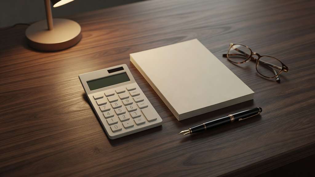 Overhead view of a dark walnut desk holding a plain calculator, a neat stack of unmarked cream paper sheets, a pair of reading glasses and a black fountain pen, lit from the left by a warm desk lamp that casts soft shadows across the wood