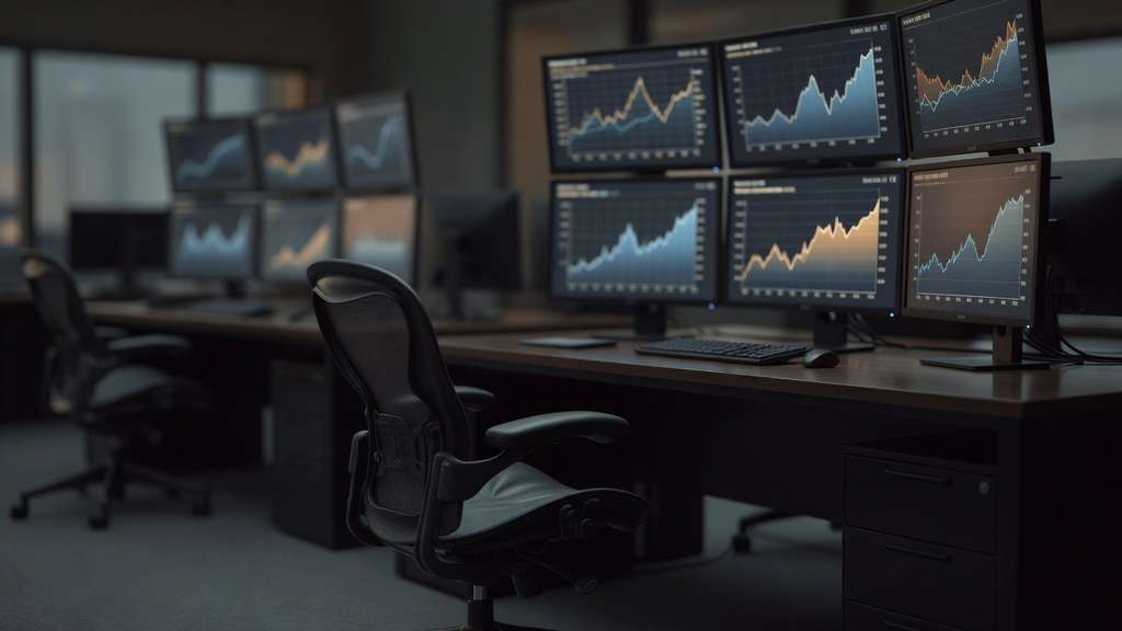 A quiet institutional bond trading desk at dusk with rows of dark monitors glowing with soft blurred blue and amber line graphs and an empty ergonomic chair in the foreground under cool ambient light