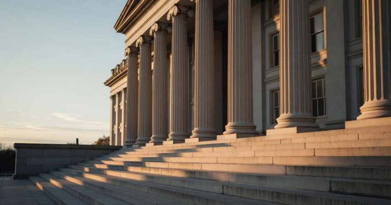Wide low angle view of the neoclassical United States Treasury building facade at sunrise with tall fluted stone columns lit by warm golden light and long deep shadows falling across the wide granite steps beneath a pale clear autumn sky