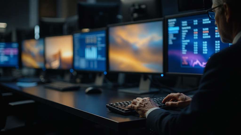 A bond trader sits at a dim desk in a quiet trading room, hands resting on a keyboard, with warm amber and cool blue monitor light blurred out of focus behind them