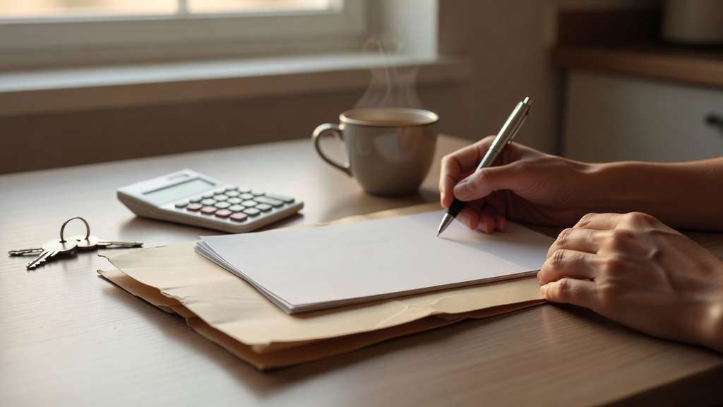 A kitchen table in warm morning window light holds a closed folder of blank paper, a calculator, a set of house keys and a ceramic cup of coffee beside a person's hands holding a pen