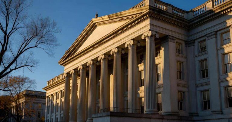 Early morning golden sunlight rakes across the neoclassical stone columns and facade of the United States Treasury building in Washington under a clear deep blue autumn sky.