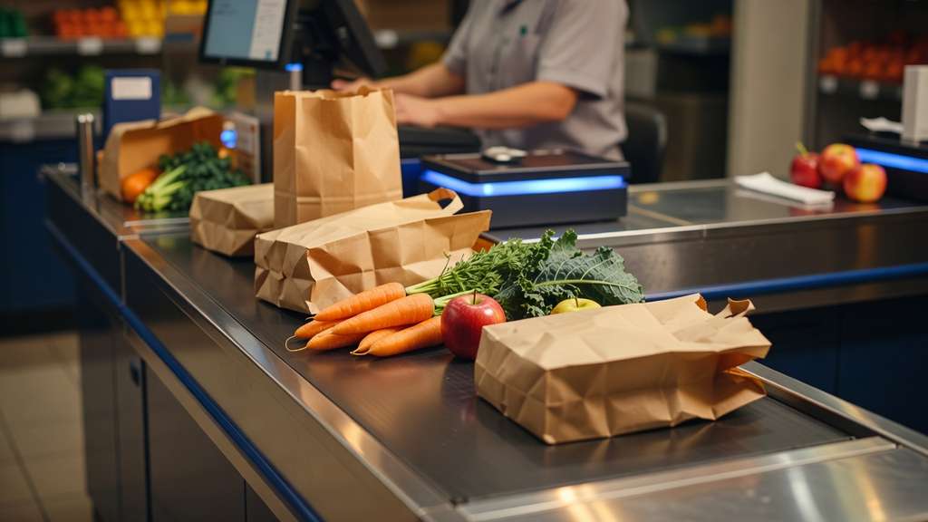 Grocery store checkout counter photographed from the customer side, a stainless steel conveyor belt carrying plain brown paper bags, loose carrots, an apple and leafy greens toward a register station, a cashier in a gray shirt working out of focus behind the counter, blue cabinetry and warm overhead lighting