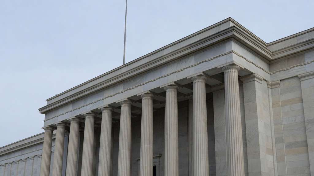 Upward angled view of the corner of a large neoclassical federal government building in Washington, a long row of tall fluted marble columns supporting a plain stone entablature, deep shadow in the portico behind the columns, cream and gray marble masonry, a bare flagpole rising against a flat overcast sky