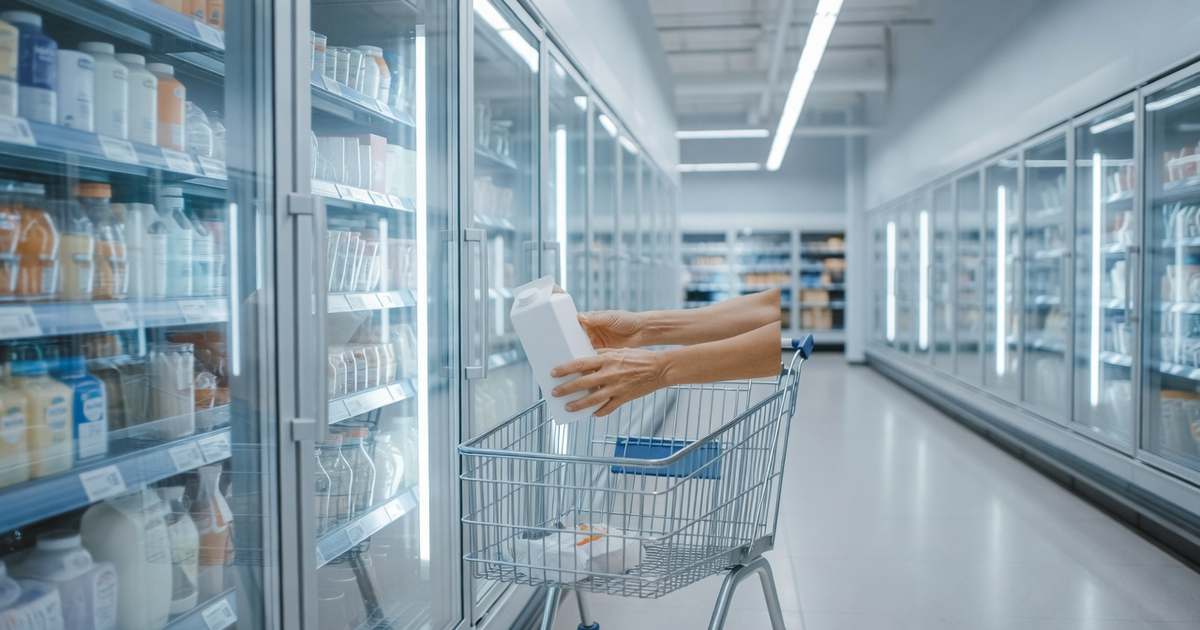 Wide view down a bright modern supermarket refrigerated dairy aisle with tall glass front coolers lining both sides, a shopper's hands lifting a plain white carton out of an open cooler door and lowering it into a mostly empty metal shopping cart with a blue handle, pale gray polished floor reflecting overhead fluorescent light strips, the far end of the aisle falling out of focus