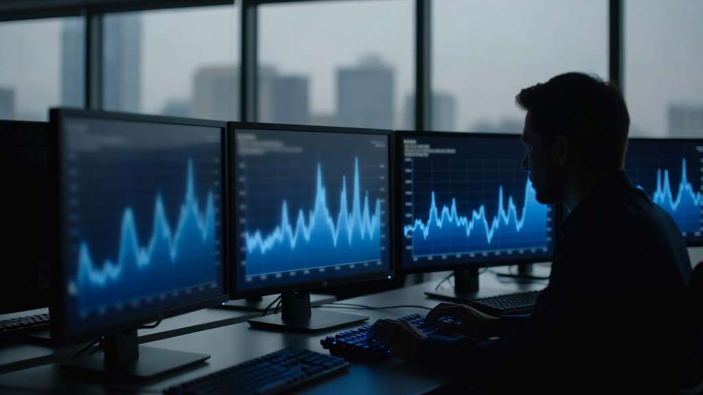 A government bond trading desk inside a large financial institution before the market open, with a row of dark monitors glowing with blurred abstract line charts, a trader seated in silhouette with hands near a keyboard, and a grey city skyline visible through floor to ceiling windows.