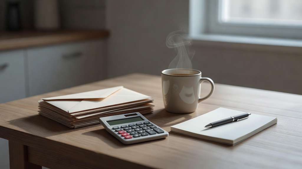 A household kitchen table in soft morning window light with a neat stack of unopened paper statements beside a small calculator, a ceramic coffee mug with steam rising, and a pen resting on a blank notepad in warm neutral wood tones.