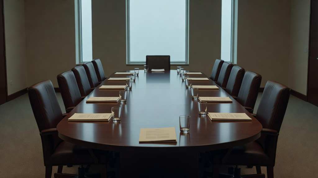 An empty formal government committee conference room with a long polished dark wood oval table, twelve leather chairs pushed in, and closed document folders and water glasses set at each place beneath tall windows.