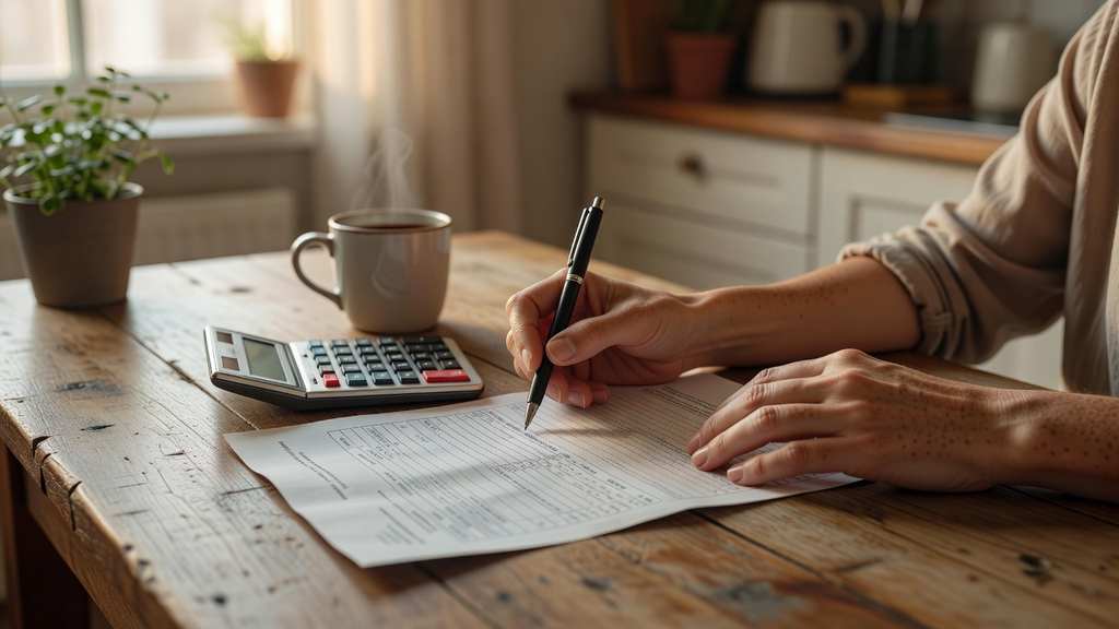 A person seated at a kitchen table in warm morning light reviewing a paper credit card statement, with a pen, a calculator, and a coffee mug resting on the table beside them.