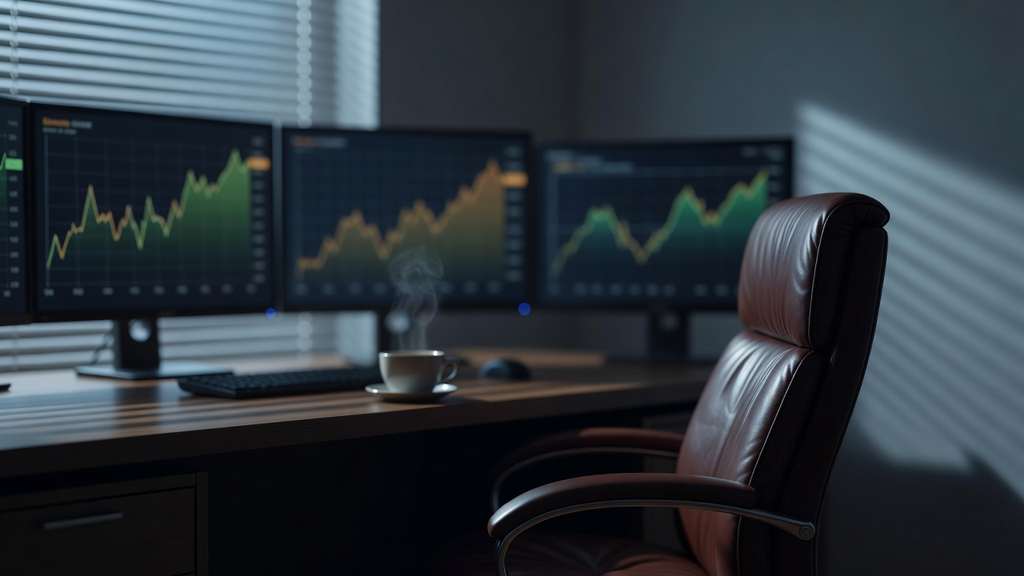 An empty institutional bond trading desk at dawn with several monitors showing blurred out of focus line charts, a leather office chair and a coffee cup, lit by cool morning light through venetian blinds.