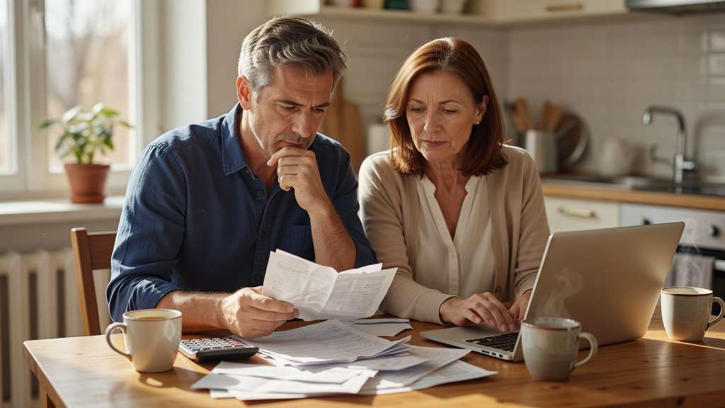 A couple in their forties seated at a kitchen table reviewing household bills and a laptop in warm morning window light, with a calculator and coffee mugs beside them.