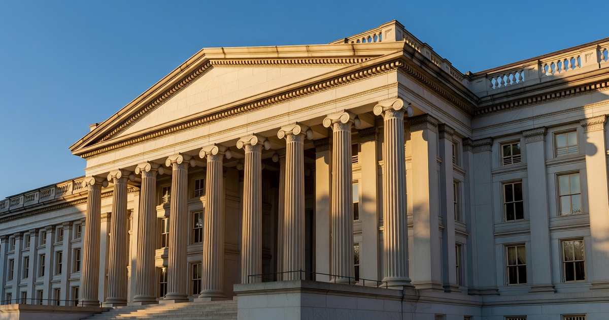 The neoclassical stone facade and tall columns of the United States Treasury Department building in Washington DC lit by late afternoon sunlight under a clear sky