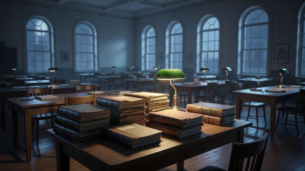 A quiet federal accounting office photographed after hours, with stacks of bound leather ledger volumes on a wooden table in the foreground lit by a single green shaded banker lamp and rows of empty desks fading into blue window light behind.