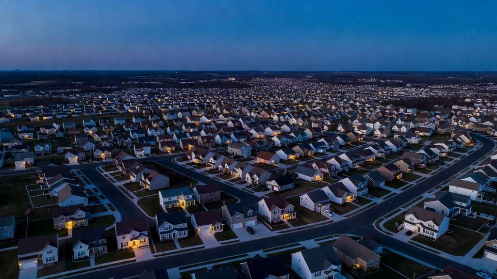 An aerial view of a large American suburban subdivision at blue hour, hundreds of single family rooftops and curving streets stretching to the horizon as porch and window lights begin to glow against a deep blue dusk sky.