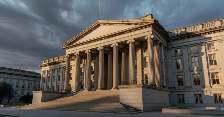 The neoclassical south facade of the United States Treasury Building in Washington photographed from the base of its granite steps at golden hour, with a row of tall fluted columns casting long shadows under a breaking storm sky.