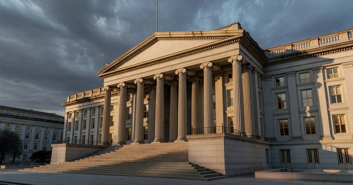 The neoclassical south facade of the United States Treasury Building in Washington photographed from the base of its granite steps at golden hour, with a row of tall fluted columns casting long shadows under a breaking storm sky.