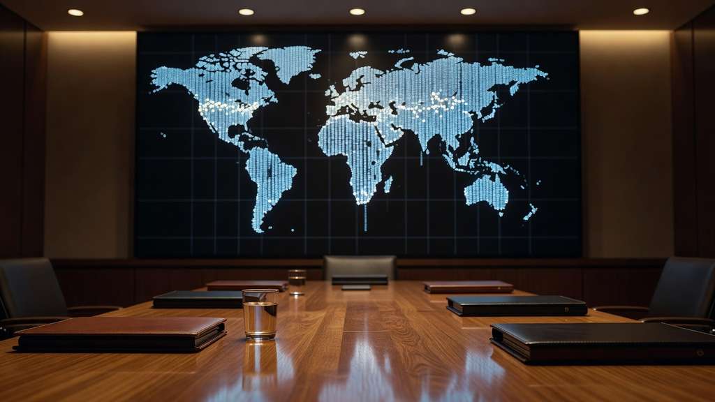 A dim central bank conference room where a large wall display shows an unlabeled scatter of small glowing dots arranged in descending columns across a dark grid, with closed leather folios and a glass of water resting on the polished oak table in the foreground.