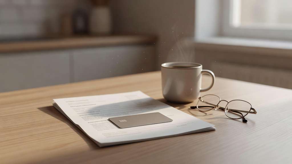 A kitchen table in soft morning light holding a paper billing statement turned face down, a plain matte credit card resting on top of it, and a ceramic coffee mug beside a folded pair of reading glasses.