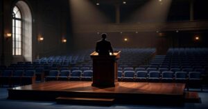 A formal international economic conference hall photographed wide, with a single speaker silhouetted from behind at a dark wood lectern on a spotlit stage and rows of empty deep blue tiered seating stretching back toward a tall arched window filled with pale morning light.