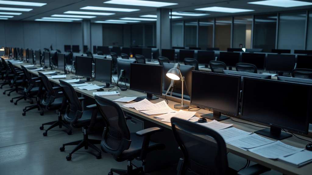 An institutional fixed income trading floor late in the evening with long rows of empty chairs and dark dormant monitors, a single desk lamp casting warm pooled light over scattered printed spreadsheets while cool blue light spills from overhead ceiling panels.
