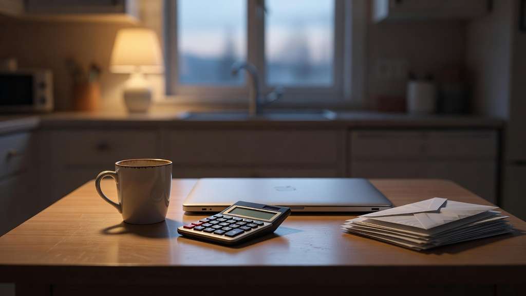 A modest suburban kitchen table in early evening holding a closed laptop, a pocket calculator, a half full ceramic mug and a loose stack of unopened envelopes, lit by warm lamplight from one side and cool dusk light through the window behind.