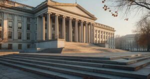 The south facade of the United States Treasury Building photographed at sunrise in autumn, tall neoclassical columns lit by warm low-angle light, wide empty granite steps in the foreground and bare maple branches at the edge of the frame in light morning haze.