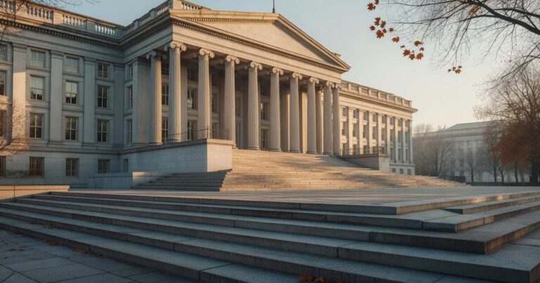 The south facade of the United States Treasury Building photographed at sunrise in autumn, tall neoclassical columns lit by warm low-angle light, wide empty granite steps in the foreground and bare maple branches at the edge of the frame in light morning haze.