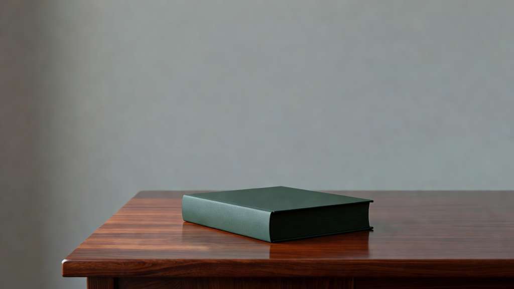 One thick closed hardbound accounting ledger with a dark green cloth cover resting on a polished mahogany desk lit by soft diffused window light from the left against a plain muted gray wall