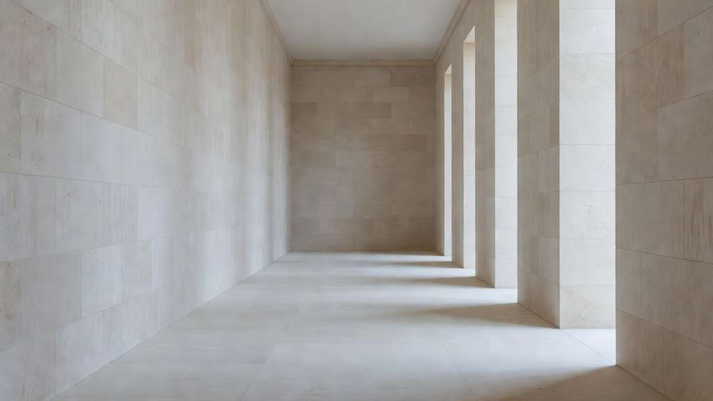 Long empty classical stone colonnade corridor inside a government building receding into soft perspective with plain smooth pale limestone walls and floor and pale daylight entering through tall openings on the right