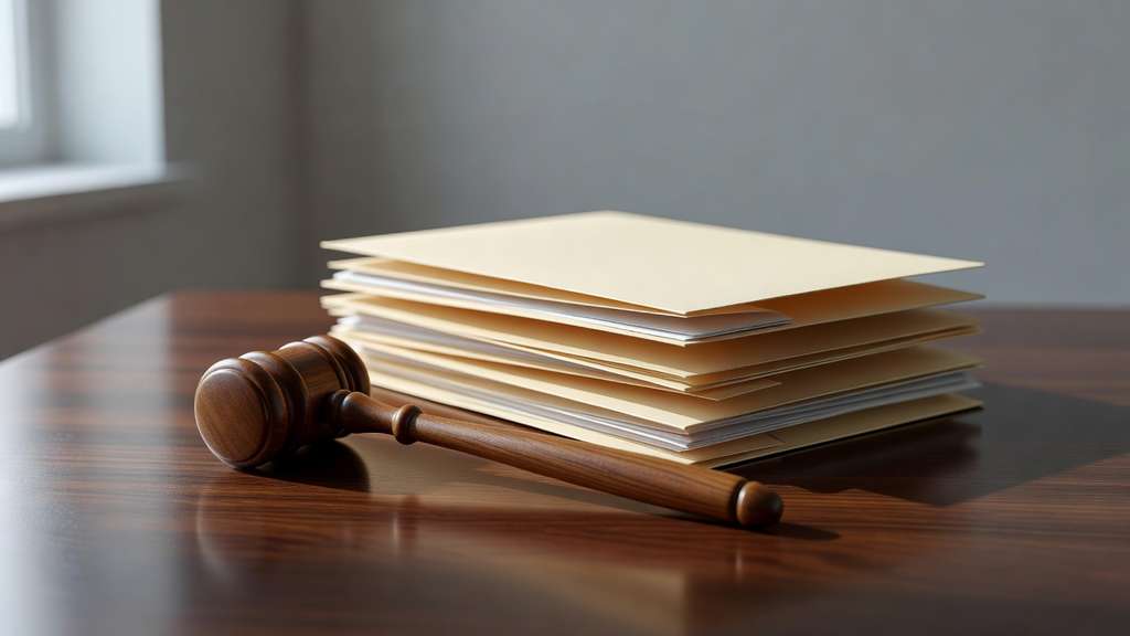 A plain wooden gavel lying on its side next to a neat stack of four closed manila document folders on a dark polished walnut desk lit by soft directional window light from the upper left