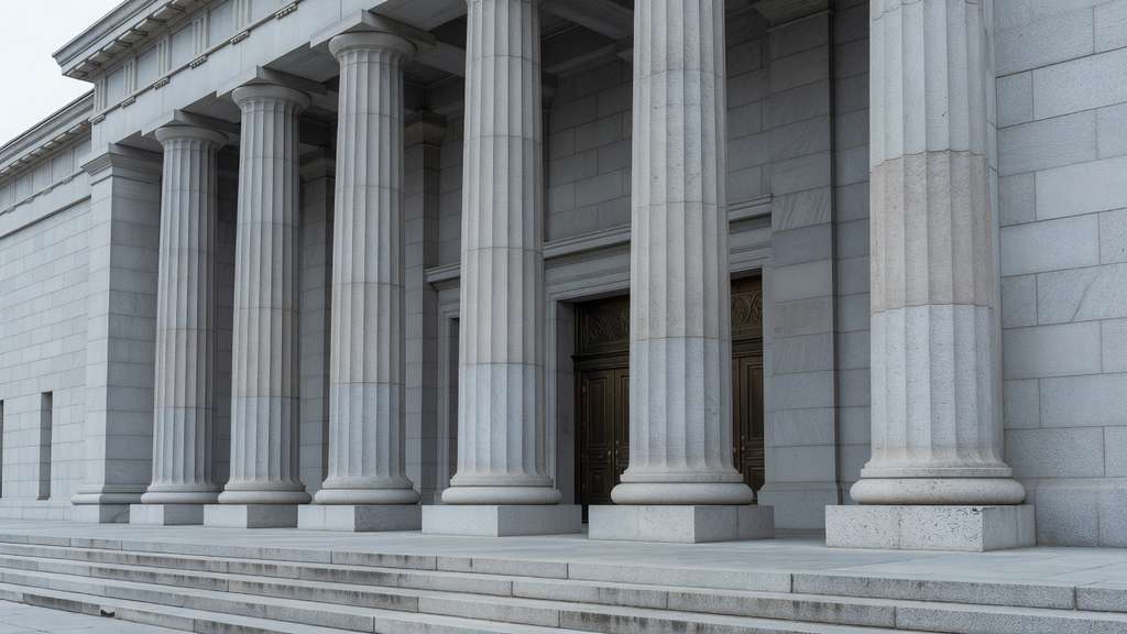 The lower facade of a grey limestone neoclassical bank building showing five tall fluted stone columns receding at an angle above broad granite entrance steps under flat overcast daylight