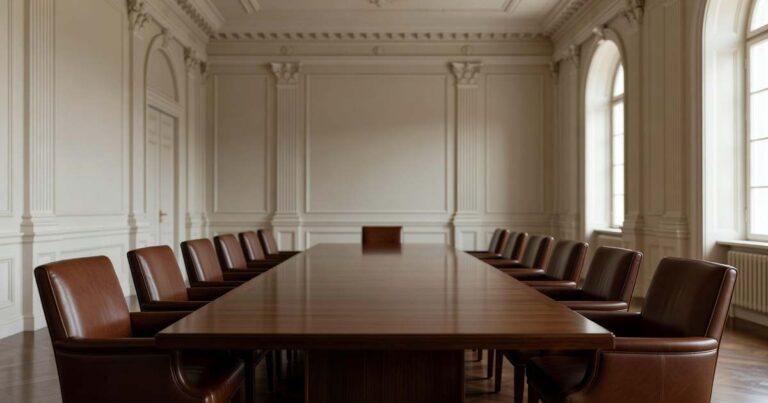 A formal empty boardroom inside a neoclassical government building with a long polished dark walnut conference table surrounded by twelve vacant brown leather armchairs and tall arched windows casting soft morning light across the table surface