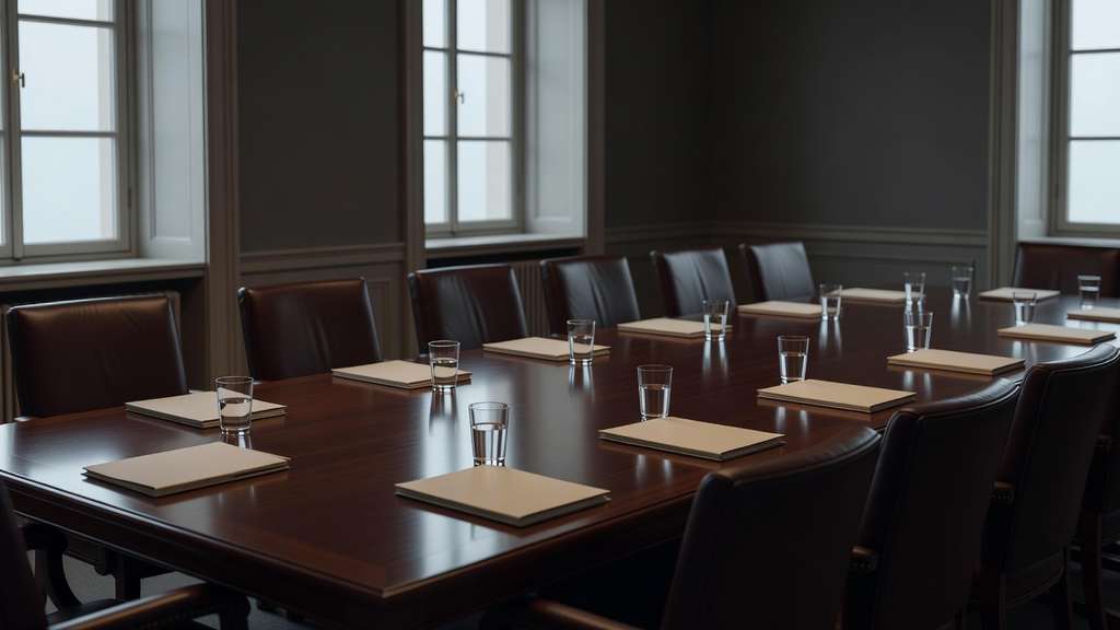 An empty institutional boardroom with a long polished dark mahogany conference table ringed by twelve identical leather armchairs, a closed blank folder and a water glass set at each place, lit by soft grey daylight from tall windows