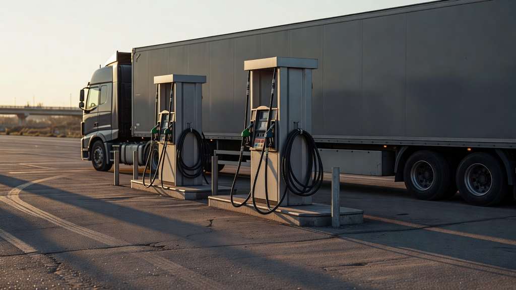 Two plain unmarked diesel pumps with coiled black hoses on a concrete island at a highway truck stop, a grey unbranded semi trailer parked alongside, long shadows across cracked asphalt in warm low afternoon sun