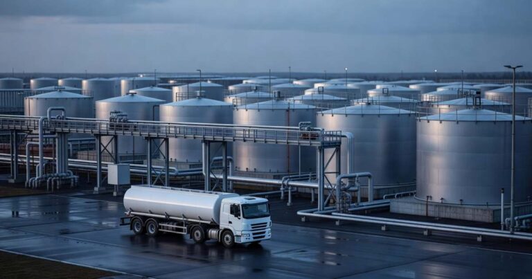 Rows of plain silver cylindrical fuel storage tanks and overhead pipework at an industrial distribution terminal in cool blue dawn light, with an unmarked white tanker truck parked on wet asphalt in the foreground
