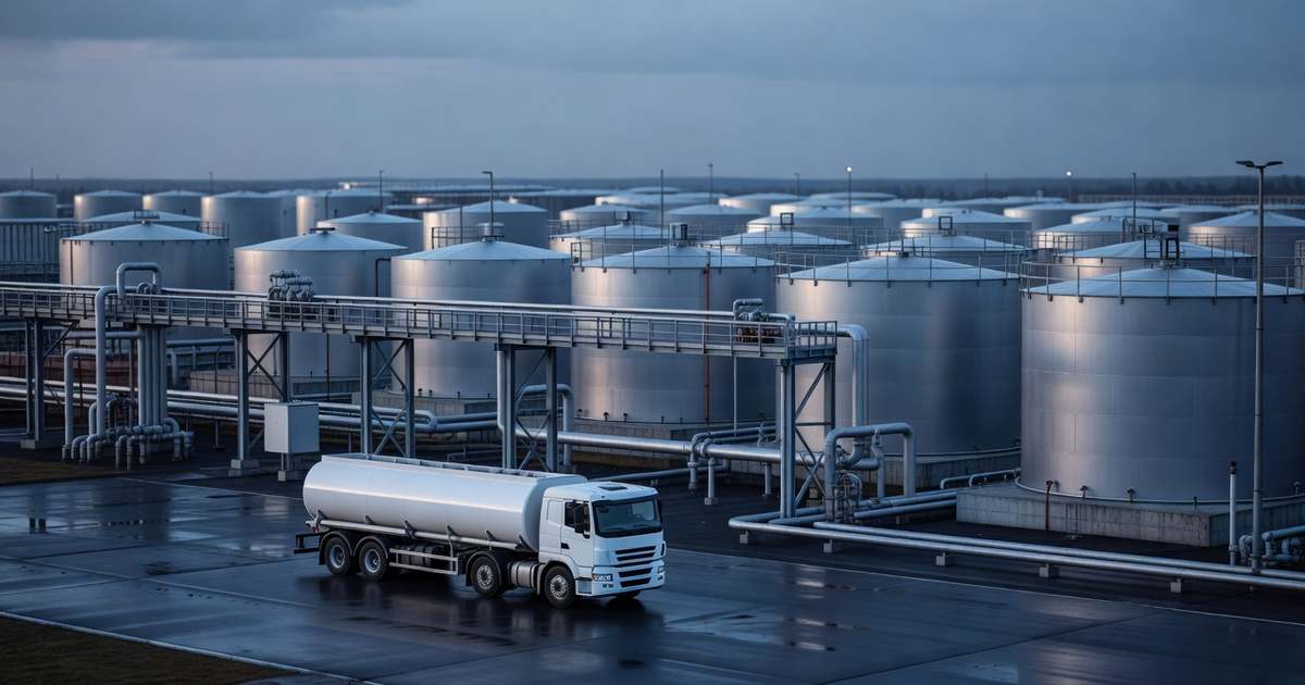 Rows of plain silver cylindrical fuel storage tanks and overhead pipework at an industrial distribution terminal in cool blue dawn light, with an unmarked white tanker truck parked on wet asphalt in the foreground