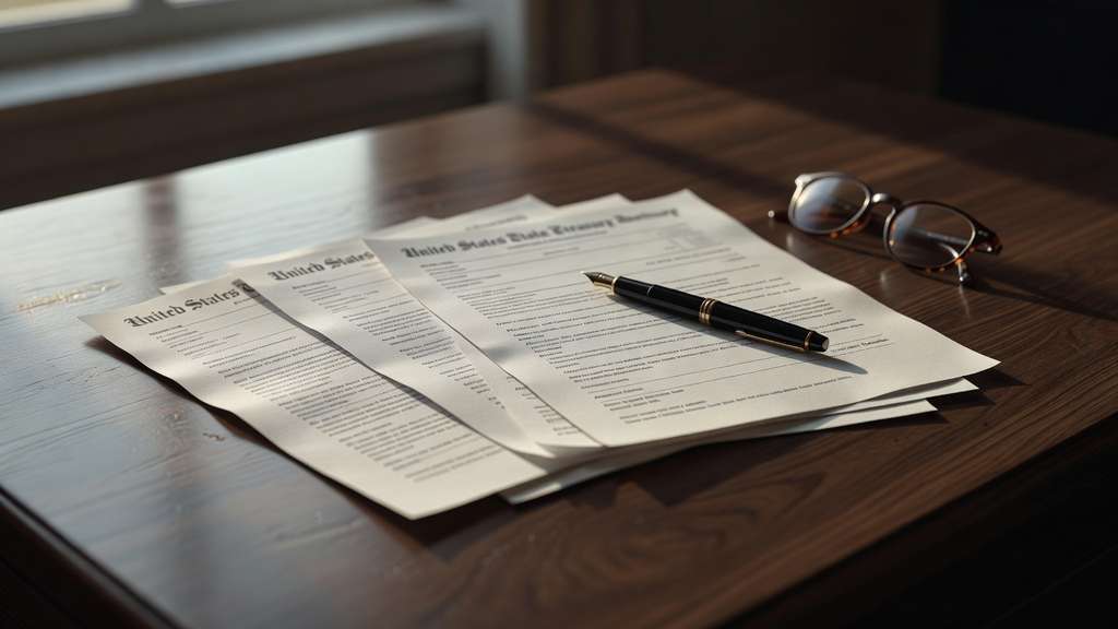 Overhead close view of freshly printed United States Treasury auction and bond settlement paperwork spread across a dark walnut desk with a fountain pen and a pair of reading glasses resting on top of the pages, warm directional window light raking across the visible paper texture and shallow depth of field