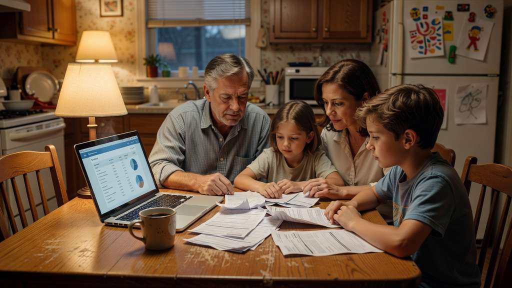 A working family seated together at a kitchen table in the early evening reviewing a stack of household bills beside an open laptop showing a bank account screen, warm lamp light overhead and a coffee mug on the table in a lived-in American kitchen with the background softly out of focus