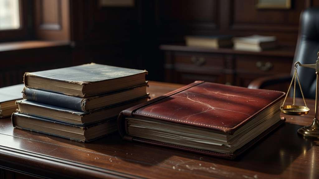 A stack of heavy official financial ledger volumes with worn cloth bindings beside a closed oxblood leather document portfolio on a dark walnut government office desk, with a small polished brass balance scale at the edge of the frame in warm raking afternoon window light.