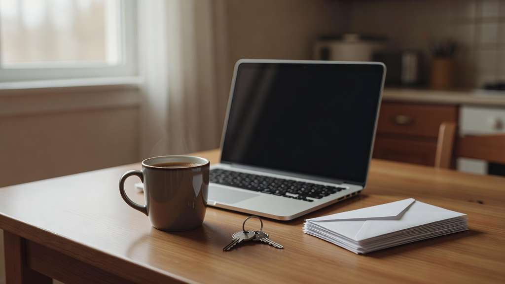 A suburban kitchen table in early morning with an open silver laptop angled away from the camera, a half-full ceramic coffee mug, a ring of house keys and a neat stack of unopened white envelopes in soft natural daylight filtered through sheer curtains.