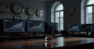 Dimly lit institutional bond trading desk before dawn with dark monitors showing softly blurred line graphs, a bank of brass multi-time-zone wall clocks mounted behind the desk, and a clear glass globe paperweight resting on polished dark wood under cool blue-grey light from tall arched windows.